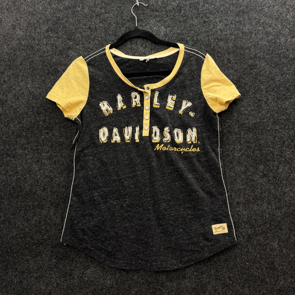 Harley Davidson Motorcycles Vintage Henley Shirt Grey Yellow Short Sleeve Womens